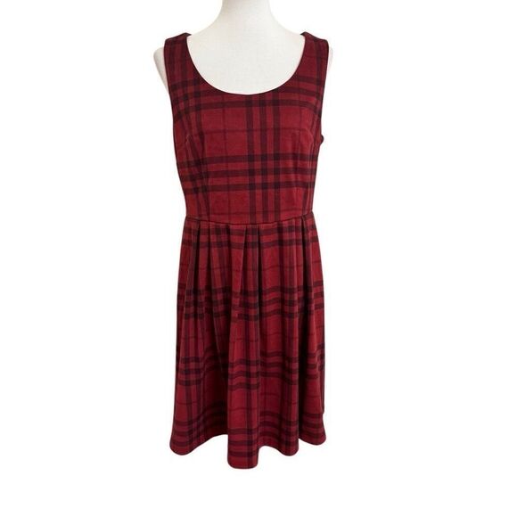 Torrid Brushed Plaid Skater Dress Faux Suede Red Burgundy Black Size 12 - Picture 1 of 5